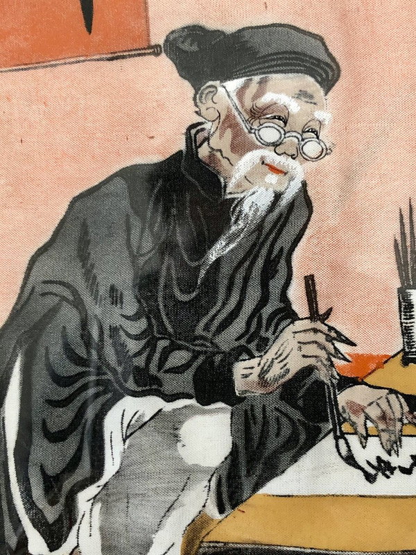 Vietnam, First Half 20th Century, Pair of Silk Paintings Depicting a Scholar.