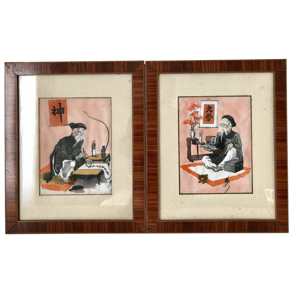 Vietnam, First Half 20th Century, Pair of Silk Paintings Depicting a Scholar.