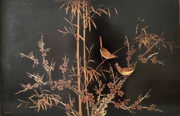 Vietnam, 1950s, Lacquer Panel Decorated with Birds and Vegetation Hoang Thanh.