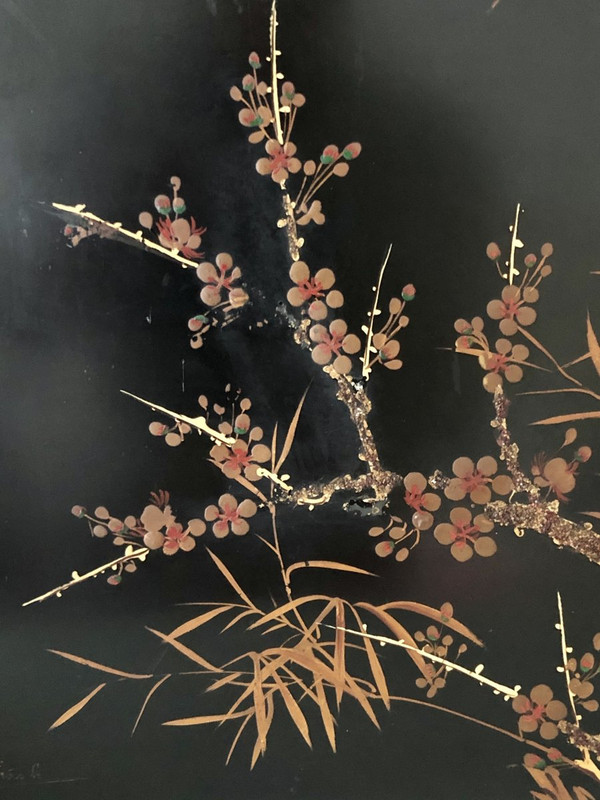 Vietnam, 1950s, Lacquer Panel Decorated with Birds and Vegetation Hoang Thanh.
