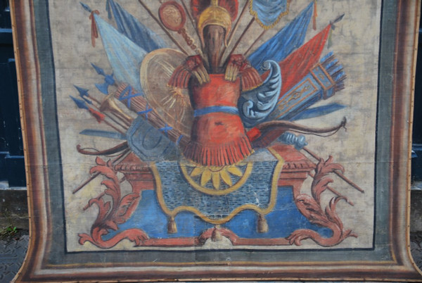 Importante Toile Peinte Aux Attributs Miltaire Fin XVIIIe Début XIXe