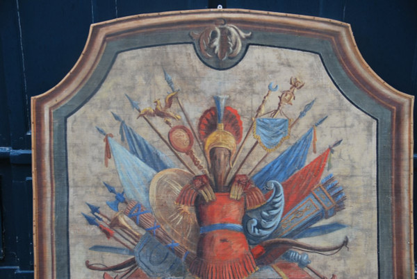 Importante Toile Peinte Aux Attributs Miltaire Fin XVIIIe Début XIXe