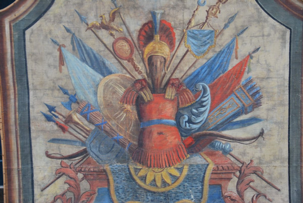 Importante Toile Peinte Aux Attributs Miltaire Fin XVIIIe Début XIXe