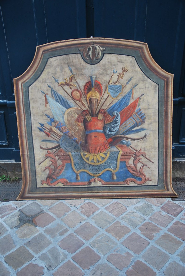 Importante Toile Peinte Aux Attributs Miltaire Fin XVIIIe Début XIXe