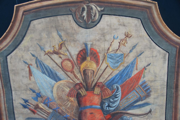 Importante Toile Peinte Aux Attributs Miltaire Fin XVIIIe Début XIXe