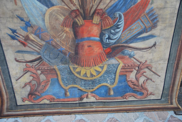 Importante Toile Peinte Aux Attributs Miltaire Fin XVIIIe Début XIXe