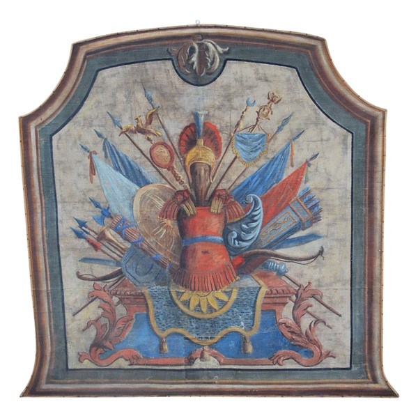 Importante Toile Peinte Aux Attributs Miltaire Fin XVIIIe Début XIXe