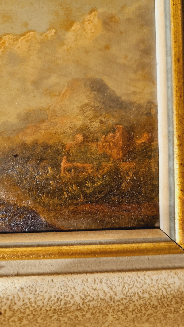 Miniatura di rovina Paesaggio olio su pannello inizio XIX sec.