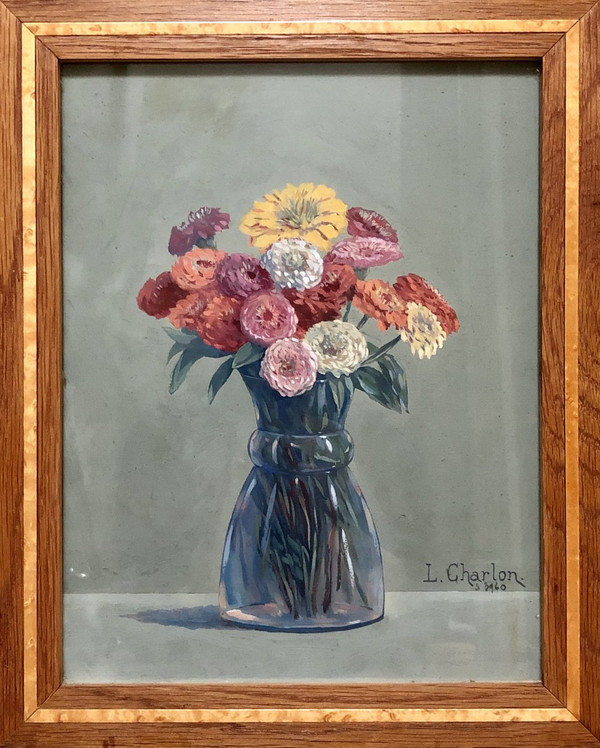 Léon-Paul CHARLON, gouache bouquet de fleurs 1938.