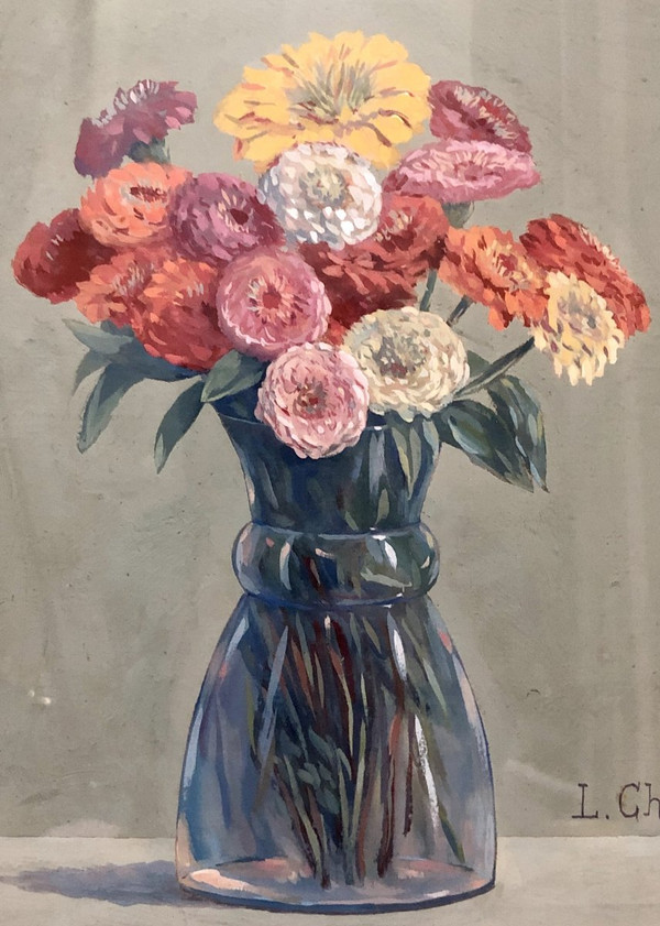 Léon-Paul CHARLON, gouache bouquet de fleurs 1938.