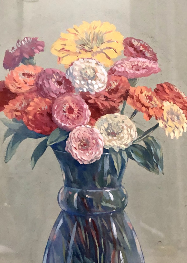 Léon-Paul CHARLON, gouache bouquet de fleurs 1938.
