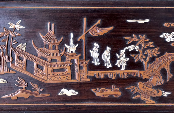 Vietnam Circa 1900, Boxwood And Ivory Inlaid Panel Decorated With Animated Scenes.