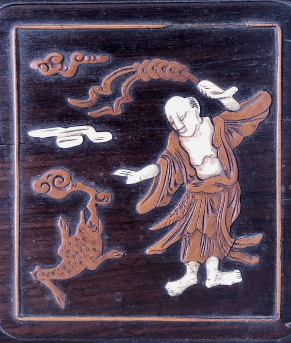 Vietnam Circa 1900, Boxwood And Ivory Inlaid Panel Decorated With Animated Scenes.