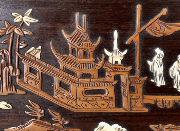 Vietnam Circa 1900, Boxwood And Ivory Inlaid Panel Decorated With Animated Scenes.