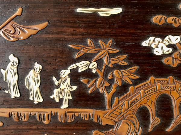 Vietnam Circa 1900, Boxwood And Ivory Inlaid Panel Decorated With Animated Scenes.