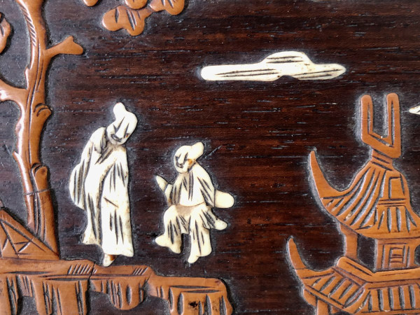 Vietnam Circa 1900, Boxwood And Ivory Inlaid Panel Decorated With Animated Scenes.