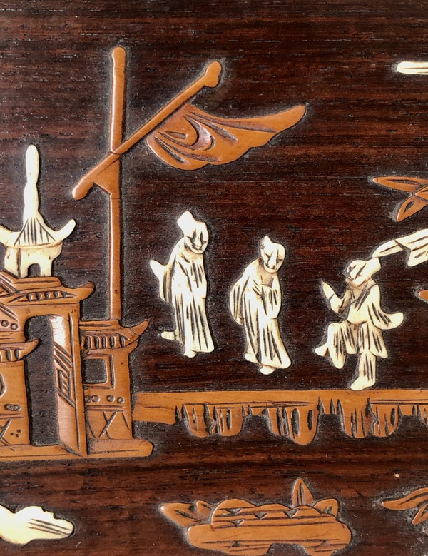 Vietnam Circa 1900, Boxwood And Ivory Inlaid Panel Decorated With Animated Scenes.
