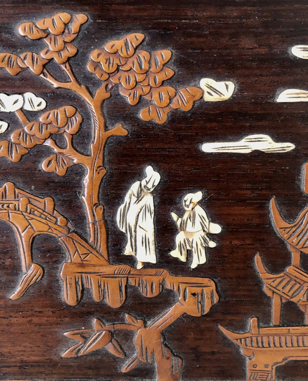 Vietnam Circa 1900, Boxwood And Ivory Inlaid Panel Decorated With Animated Scenes.
