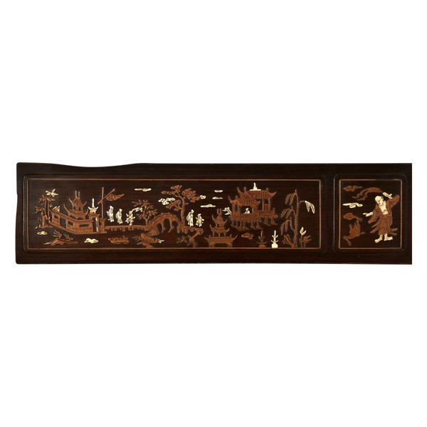 Vietnam Circa 1900, Boxwood And Ivory Inlaid Panel Decorated With Animated Scenes.