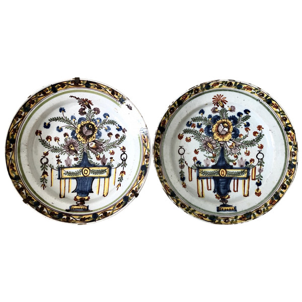 Delft, 18th Century, Pair Of Polychrome Earthenware Plates.