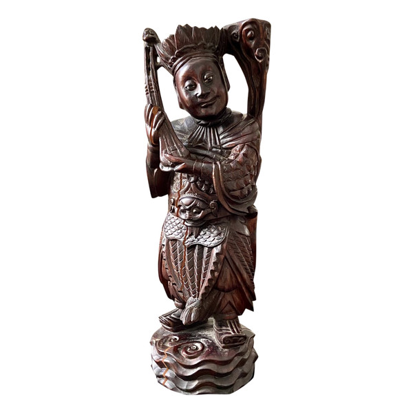 Vietnam, Vers 1900, Statue De Personnage De Haut Rang En Bois Sculpté.