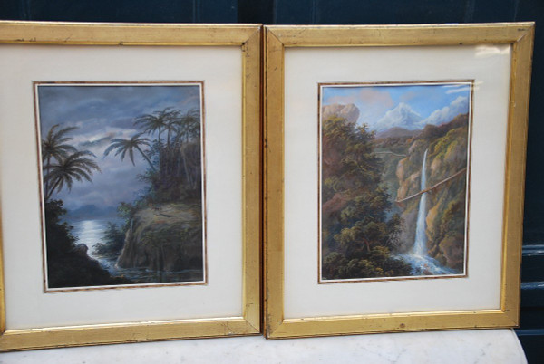 Paire De Gouaches : Vues Du Brésil Fin XIX