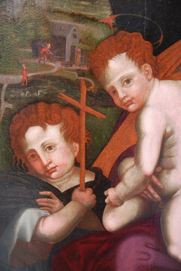 Vierge, Saint Jean Baptiste Et l'enfant Jésus , Huile XVIe Renaissance Italienne