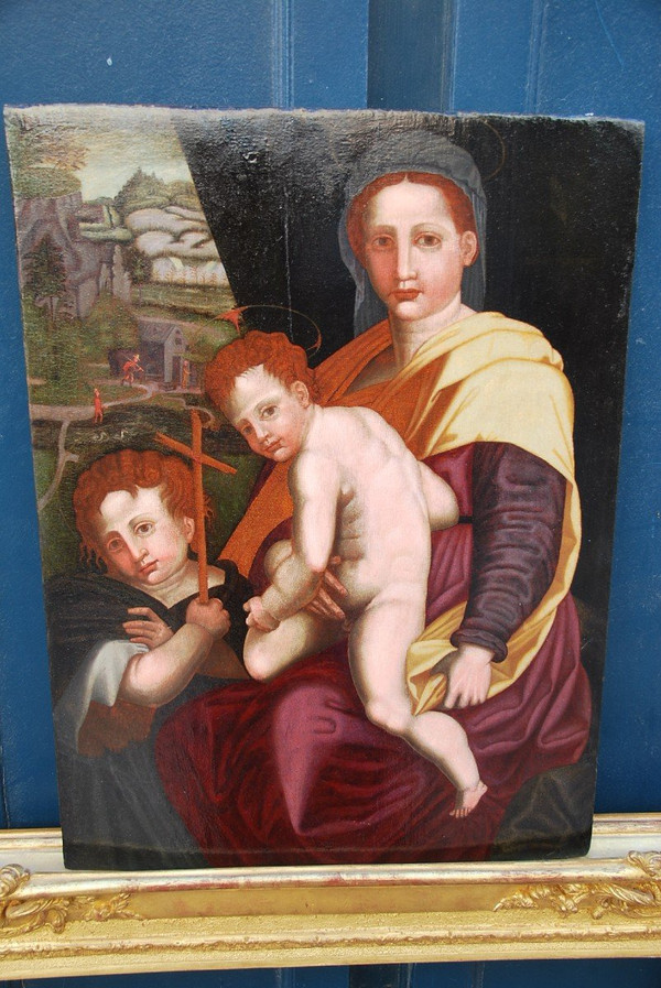 Vierge, Saint Jean Baptiste Et l'enfant Jésus , Huile XVIe Renaissance Italienne