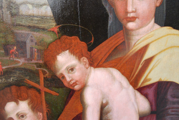 Vierge, Saint Jean Baptiste Et l'enfant Jésus , Huile XVIe Renaissance Italienne