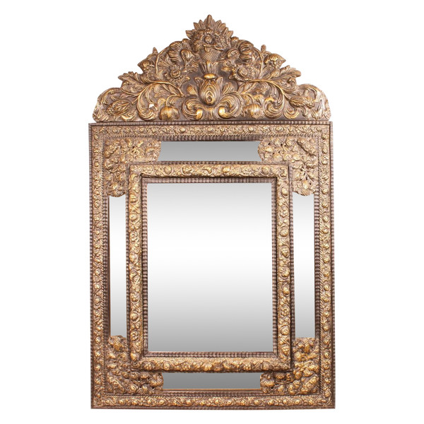 Important 19th Century Mirror From The Netherlands In Repoussé Brass