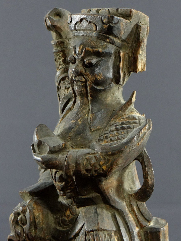 Cina, XIX Secolo O Precedente, Statua Di Chao Kung Ming In Legno Intagliato, Dio Della Ricchezza.
