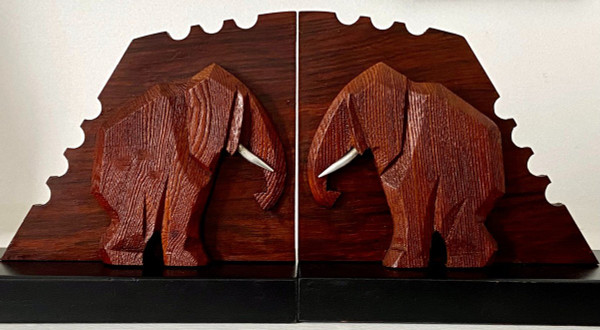 France, 1930s/1950s, Pair Of Elephant Bookends In Wood And Metal.