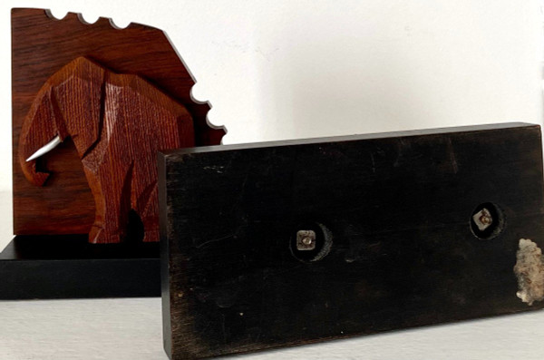 France, 1930s/1950s, Pair Of Elephant Bookends In Wood And Metal.