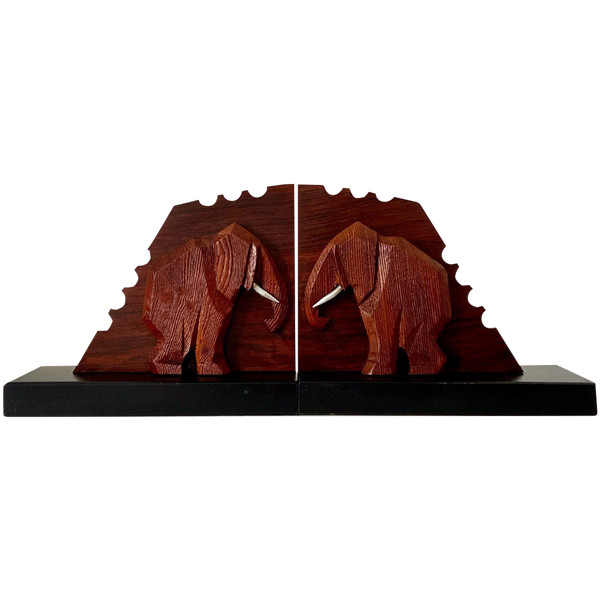 France, 1930s/1950s, Pair Of Elephant Bookends In Wood And Metal.
