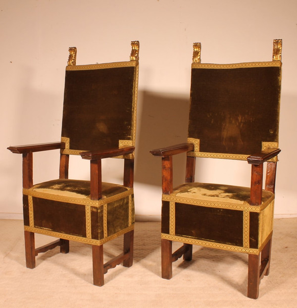 Pair Of Italian Armchairs In Walnut Circa 1600