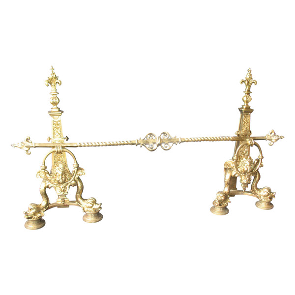 Pair of large andirons andirons in gilded bronze in the Louis XIV style, 19th century