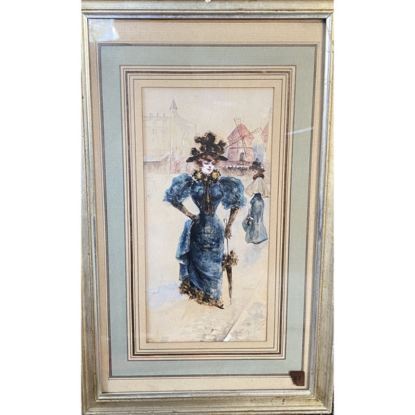 Scuola francese, La Parisienne Au Moulin Rouge, Acquarello Circa 1900 - Monogrammato