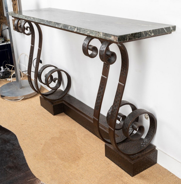 Belle Console En Fer Forgé Martelé Art Deco, Dans Le Gôut d'E. Brandt