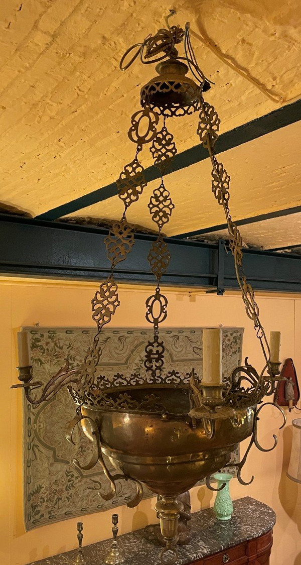 Lampe De Suspension Renaissance Espagnol-17° Siècle Avec éclairage Indirecte