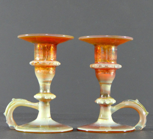 Italy, Most Probably Venice, 1950s, Pair Of Iridescent Blown Glass Candlesticks.