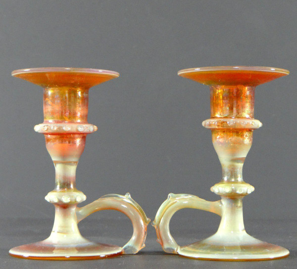 Italy, Most Probably Venice, 1950s, Pair Of Iridescent Blown Glass Candlesticks.