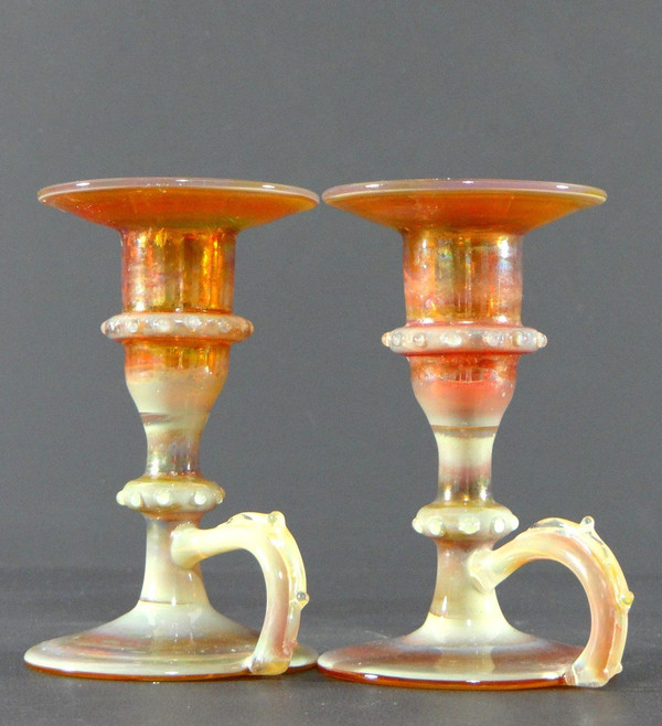 Italy, Most Probably Venice, 1950s, Pair Of Iridescent Blown Glass Candlesticks.