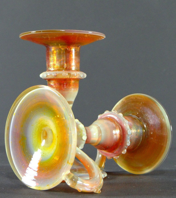 Italy, Most Probably Venice, 1950s, Pair Of Iridescent Blown Glass Candlesticks.