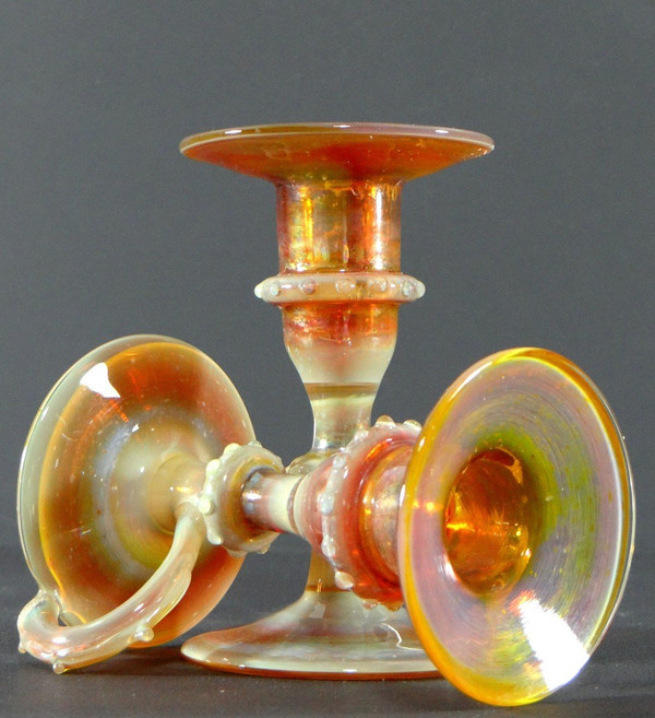 Italy, Most Probably Venice, 1950s, Pair Of Iridescent Blown Glass Candlesticks.