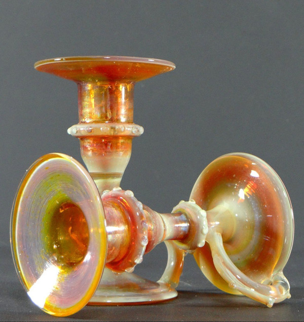 Italy, Most Probably Venice, 1950s, Pair Of Iridescent Blown Glass Candlesticks.