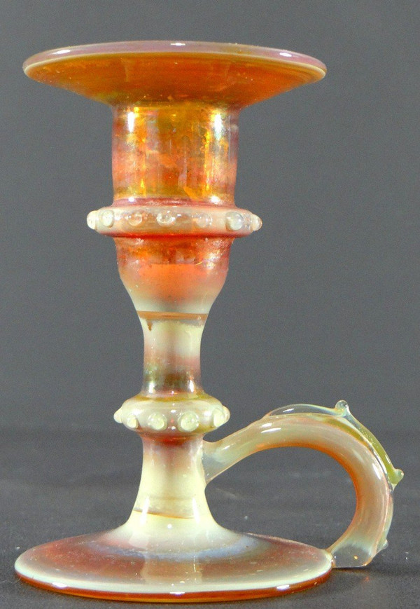 Italy, Most Probably Venice, 1950s, Pair Of Iridescent Blown Glass Candlesticks.