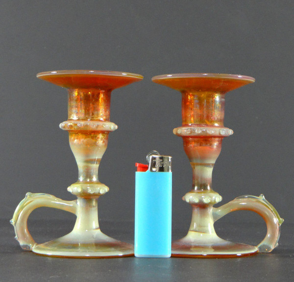 Italy, Most Probably Venice, 1950s, Pair Of Iridescent Blown Glass Candlesticks.