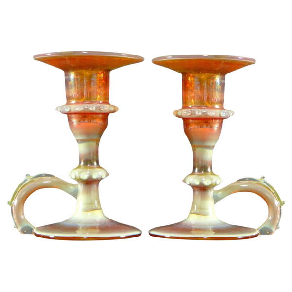 Italy, Most Probably Venice, 1950s, Pair Of Iridescent Blown Glass Candlesticks.