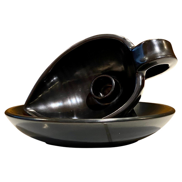 France, Poterie d'Accolay, Années 1960, Bougeoir En Céramique Et Sa Coupelle.