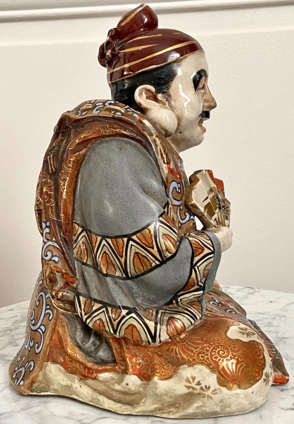 Japan, Late 19th-early 20th Century, Earthenware Statue Of Satsuma Character With Basket.